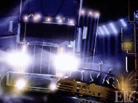 Concept showing a truck about to collide with Test Track ride vehicle